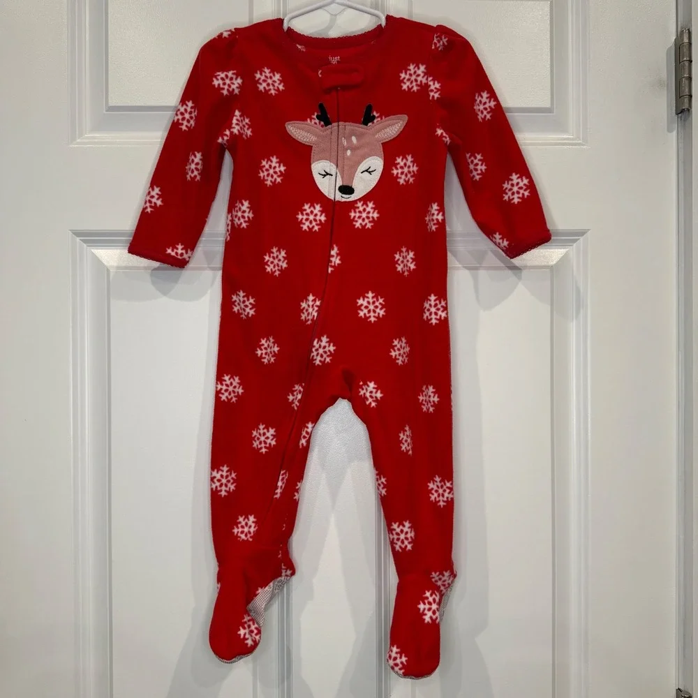 Carter's Red Snowflake Reindeer‎ Fleece Footed Pajamas Size 12 Months